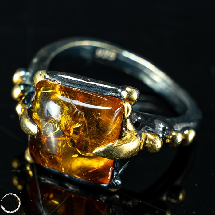 罕见的加勒比琥珀复古戒指 - 925 银，镀 14k 金 - 32.1 克拉- 6.42 g