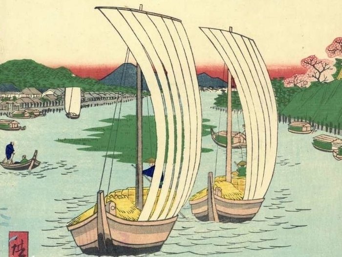 'Evening on the Sumida Embankment' 隅田堤の夕景 - From the series "Tokyo meisho zue" 東京名所図会 - 1868 - Utagawa Hiroshige III (1842–1894) - 日本 -  明治時期（1868-1912）