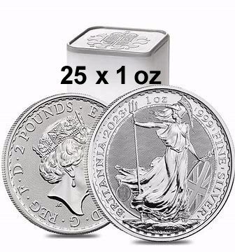 Royaume-Uni. 2 Pounds Tube of 2023 UK Britannia Queen Elizabeth Coin, 25 x 1 oz
