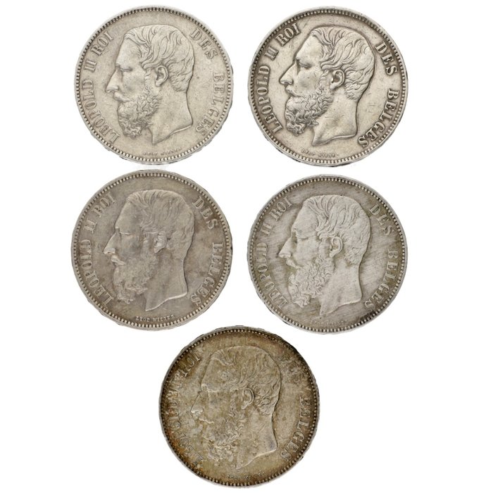 Belgique. Leopold II (1865-1909). 5 Francs 1873/1875 (5 stuks)  (Sans Prix de Réserve)