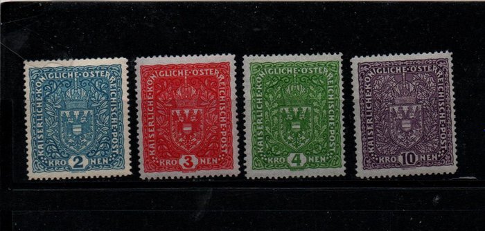 Österreich 1916/1916 - Wappenausgabe gewöhnliches Papier mit der teuren 10Kronen  feinst postfrisch - Katalognummer 204-207