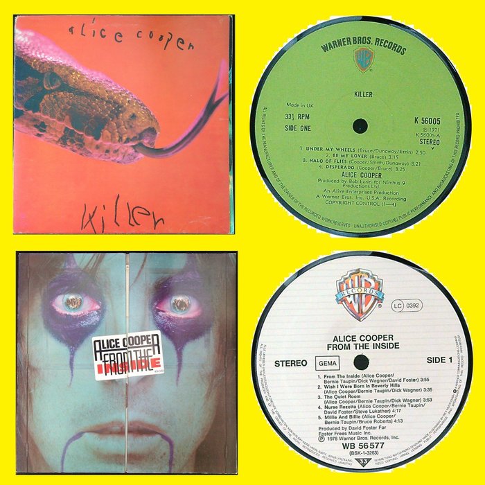 Alice Cooper (Classic Rock, Hard Rock, Shock Rock, Prog Rock, Psychedelic Rock) - 1. Killer (UK '71) 2. From The Inside ('78) - Albums LP (plusieurs articles) - Premier pressage - 1971
