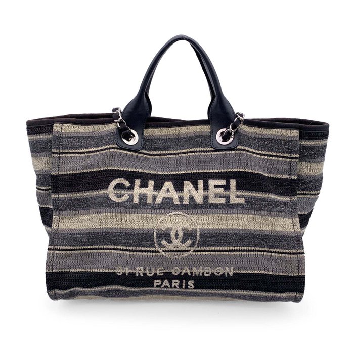 Chanel - Black Grey Striped Canvas Medium Deauville Draagtas