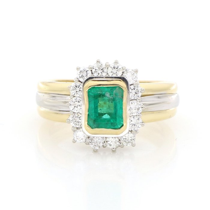No Reserve Price - Ring - 18 kt. White gold, Yellow gold -  0.80 tw. Diamond  (Natural) - Emerald 