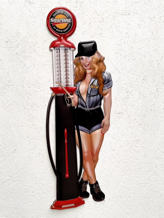 Pin Up Girl - Large tin sign - Gasoline pump - Semn - Fier (turnat/forjat)