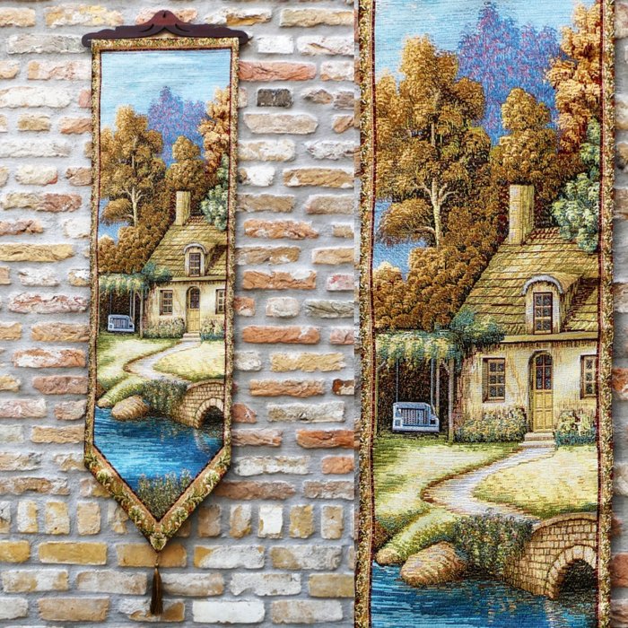 Handvervaardigd Ein sehr schöner Gobelin/Wandteppich mit dem Bild eines ländlichen Hauses mit Fluss. - Wandteppich  - 128 cm - 35 cm