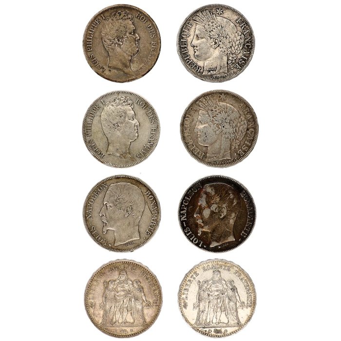 Frankrike. 5 Francs 1831/1877 (8 stuks)  (Utan reservationspris)