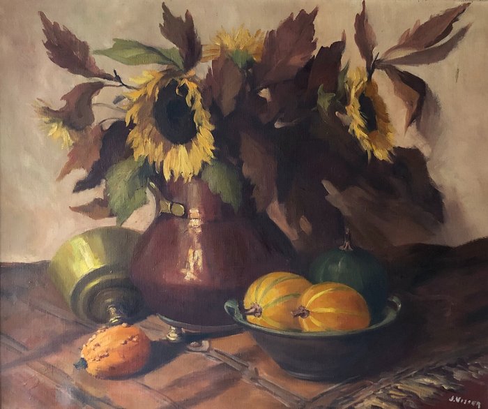 J. Visser (XX) - Stilleven met zonnebloemen en fruit