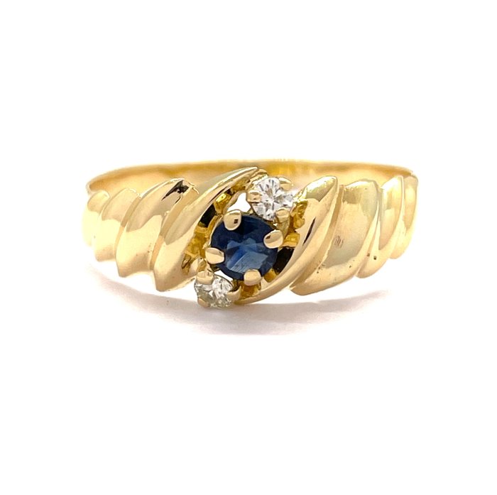 Zonder Minimumprijs - 0.20 ct Saphir - 0.10 carat Diamants - Ring - 18 karaat Geel goud
