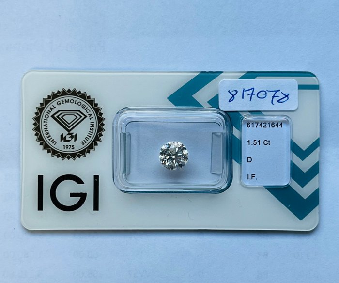 鑽石 - 1.51 ct - 圓形, 明亮型 - D (無色) - 無瑕疵的