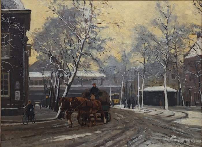 Gijsbertus Johannes van Overbeek (1882-1947) - Wintergezicht van de remise van het Oostplein Rotterdam-Kralingen