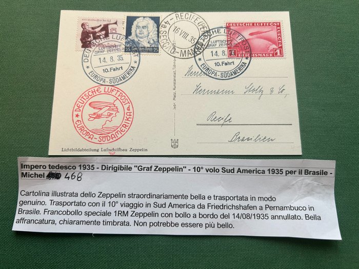Enveloppe de carte postale - Vol L Z Graf Zeppelin 10° SudAmerikafahrt 1935