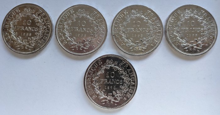 Frankrijk. 10 Francs 1968/1970 Hercule (lot de 5 monnaies en argent)  (Zonder Minimumprijs)