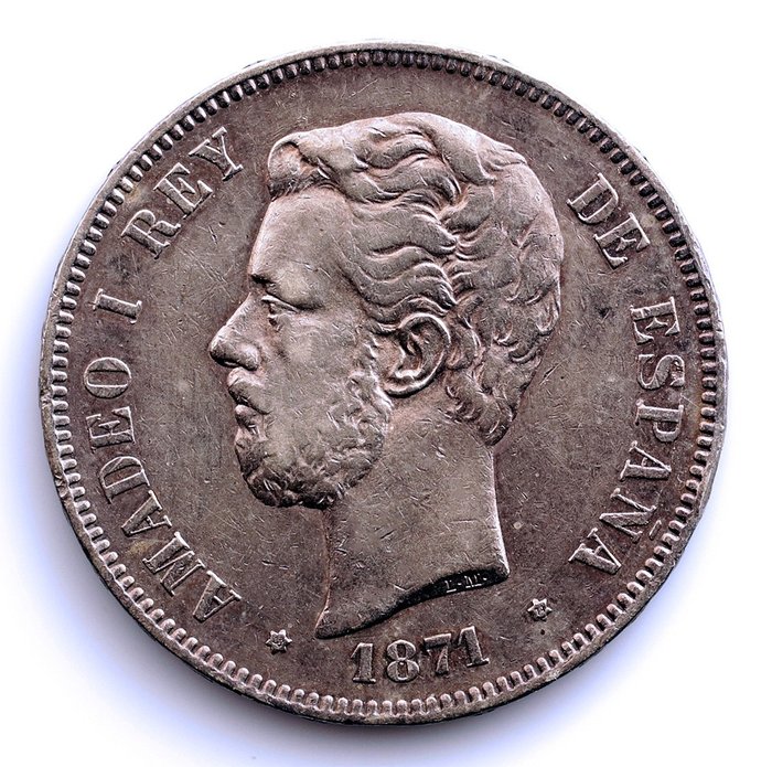 西班牙. Amadeo I (1871-1873). 5 Pesetas 1871*18-74 DEM  (沒有保留價)