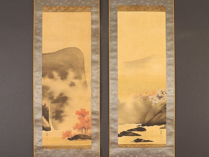 Very fine landscape diptych, signed - including inscribed tomobako - Hashimoto Gaho (1835-1908) - Japonia - Meiji period (1868-1912)