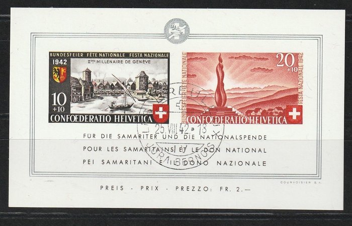Svizzera 1942 - Blocco pro patria - SBK 2017  blok 7 + certificaat