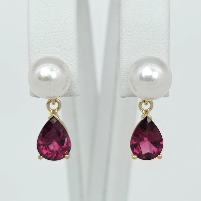 No Reserve Price - G&J - Earrings - 14 kt. Yellow gold -  2.50 tw. Garnet - Pearl 