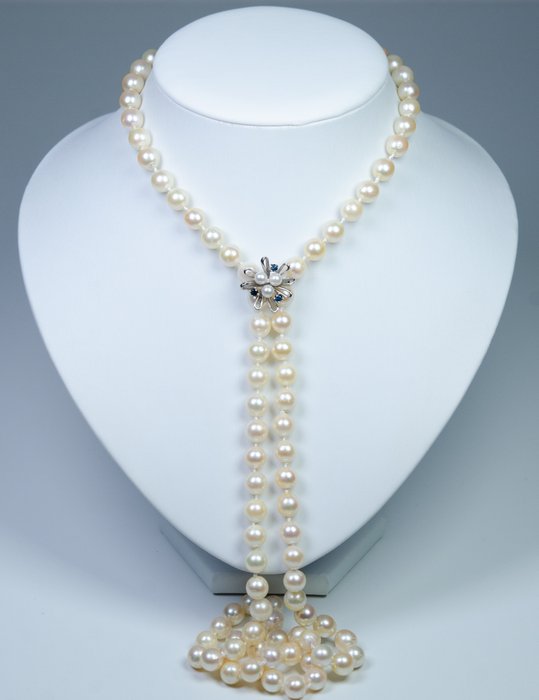 没有保留价 - Ø 8-8.5 mm Akoya pearls - 0.20 ct sapphires - 90 cm - endless - 项链 - 835 银 