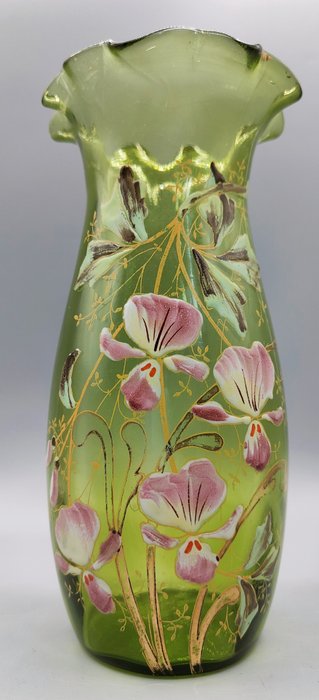LEGRAS (1839-1916) - Vase -  Jugendstilvase mit emailliertem Dekor aus schönen wilden Orchideen – um 1890 denkmalgeschützt  - Geplatztes Glas