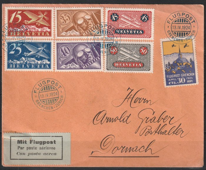 Ελβετία 1924 - Επιστολή Flugtag Grenchen με ωραία ταχυδρομικά τέλη.
