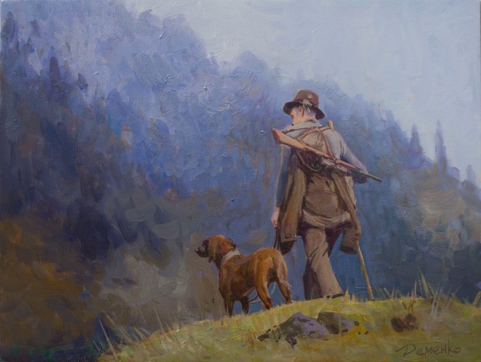 Demenko Anatoly (XXI) - Mountain Hunt. Hunter with dog