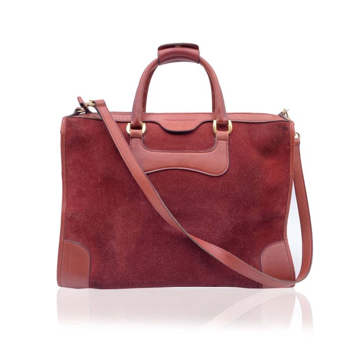 Gucci - Vintage Burgundy Suede and Leather Satchel Tote with Strap Torebka