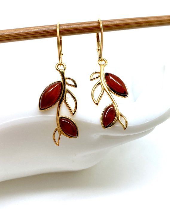 Genuine amber earrings in sterling silver 24 gold plated - Amber - Baltic amber - succinite