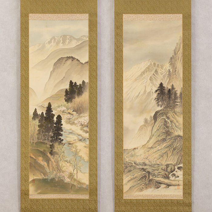 Very fine landscape diptych "Mountain's tranquility", signed - including  tomobako - Tanaka Koji 田中弘二 - Japan