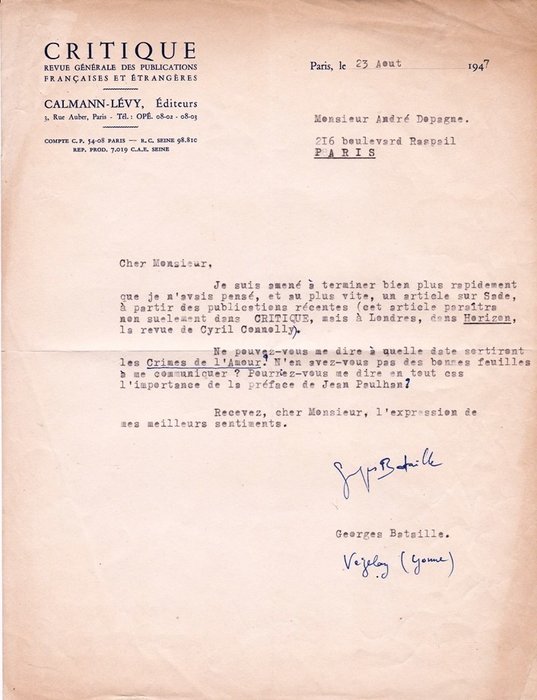 Georges Bataille - Lettre signée [son article sur Sade] - 1947