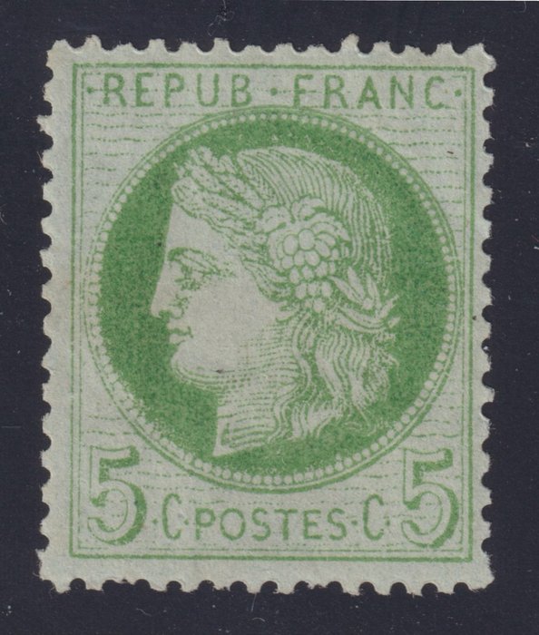 法國 1872 - 穀神星第三代表53 號，5c 綠色，新簽約小牛隊。幾乎看不見的鉸鏈。令人驚嘆的 - Yvert