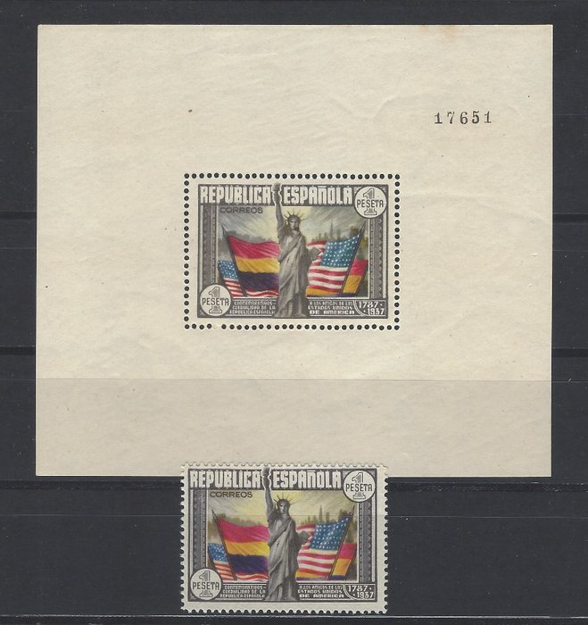 西班牙 1938 - 美國憲法印章和塊表 - Edifil nº 763 + 764