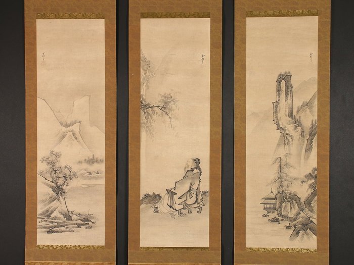 Very fine sumi-e landscape triptych "Enjoying waterfall view" - after Sesson Shukei (1504-1589) - Japán - Korai / középső edo időszak