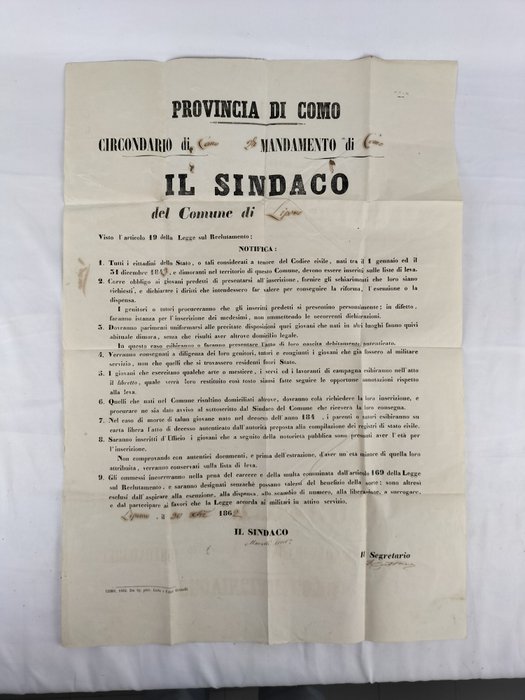 Italien - Administration - Dokument - Manifesto Reclutamento militari anno 1862 Comune di Lipomo - provincia di Como - 1867