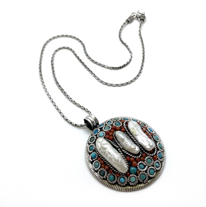 – 925er Silber – 67,18 gr. – Indien – Türkis, rote Koralle, Perle. - Halskette