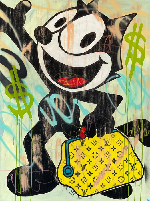 Dillon Boy (1979) - DBoy Graffiti Art Felix the Cat Cartoon and his Fashion Bag of Louis Vuitton and Bitcoin x No