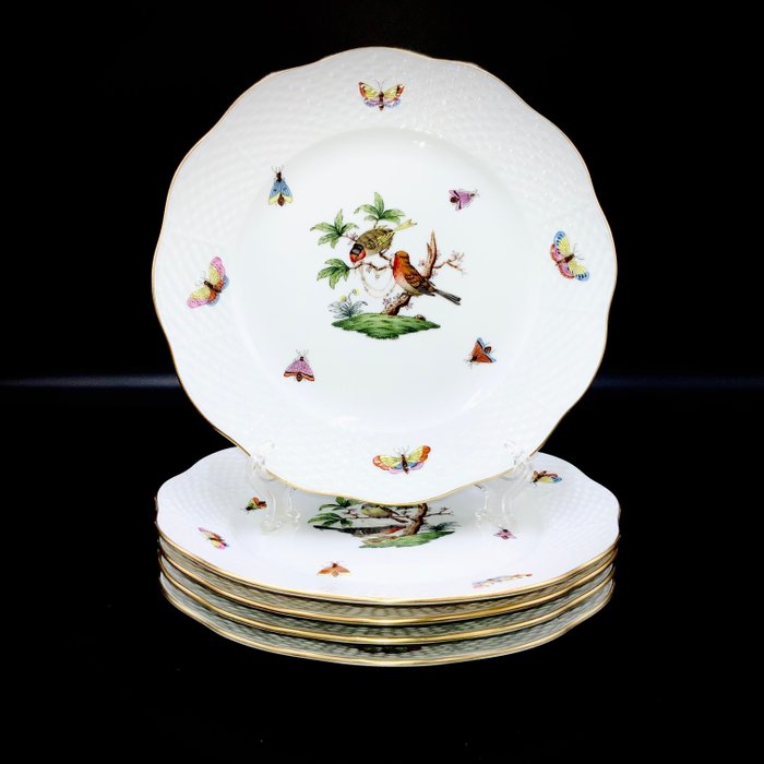 Herend - Exquisite Set of 5 Plates (20,8 cm) - "Rothschild Bird" Pattern - Tallerken - Håndmalet porcelæn