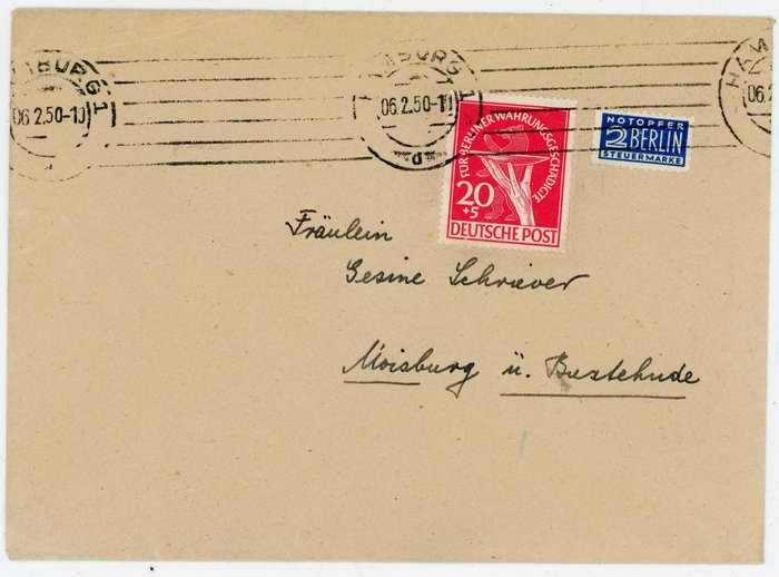 柏林  - 69号货币破损完好单邮资盖章1950年