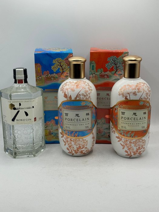Japanese & Chinese Gin - Roku + Porcelain Mandarin & Dry Gin - 70 cl - 3 flaschen
