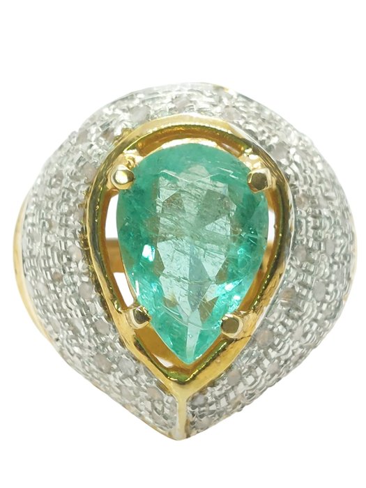 Ohne Mindestpreis - Ring - 9 Kt Gelbgold, Silber Smaragd - Diamant