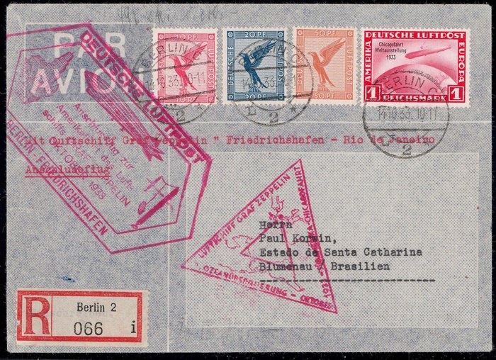 Deutsches Reich 1933 - Luftschiff Zeppelin Chicagofahrt 1933 Einschreibebrief der Berliner Zuleitung nach Brasilien - Michel 496