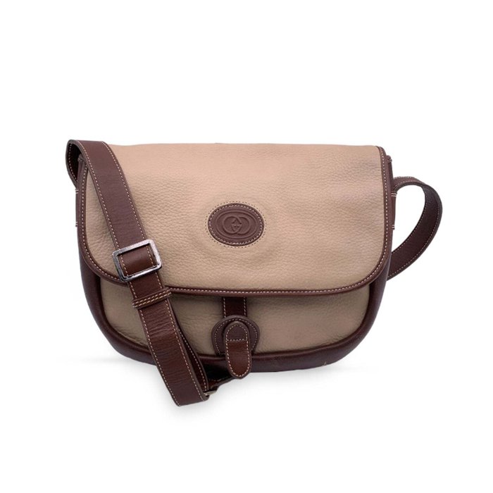 Gucci - Vintage Beige and Brown Leather Flap Shoulder Bag - cross-body väska