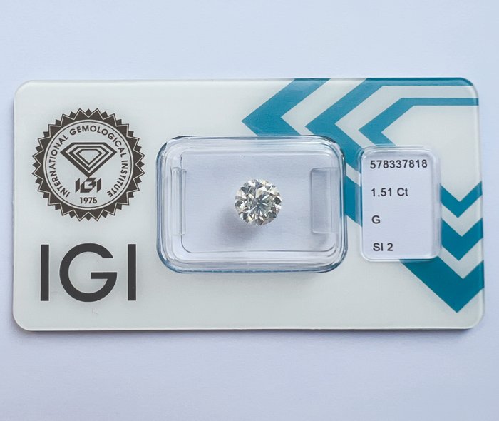 Fără preț de rezervă - 1 pcs Diamant  (Natural)  - 1.51 ct - Rotund - G - SI2 - IGI (Institutul gemologic internațional)