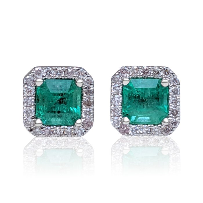 Zonder Minimumprijs - Oorbellen - 14 karaat Witgoud -  1.48 tw. Smaragd - Diamant 