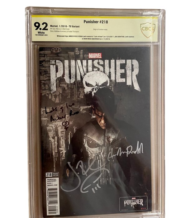 The Punisher #218 - Signed by Amber Rose Revah (with Sketch & ''Lots of Love''), Jon Bernthal (with Sketch) & Ebon - 1 Graded comic - CBCS 9.2