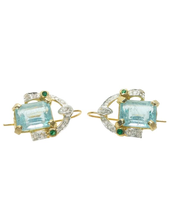 No Reserve Price - Earrings - 9 kt. Silver, Yellow gold Aquamarine - Emerald 