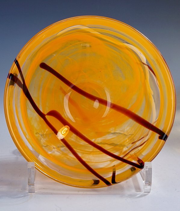 Kosta Boda - Anna Ehrner - Fuente - Cuenco naranja con velos y líneas policromadas • marcado - Cristal