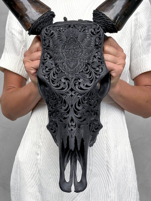 无底价 - 雕刻黑牛头骨 - 花卉图案 - 雕刻的颅骨 - Bos Taurus - 52 cm - 38 cm - 15 cm- 非《濒危物种公约》物种