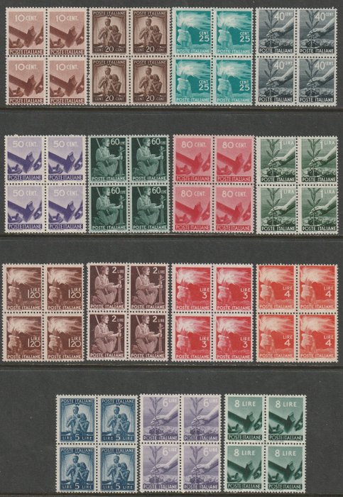 Italienska republiken  - 1945-48 Democratica Komplett set i Quartina Sass S.130 MNH** med 10 l. mycket centrerad orange