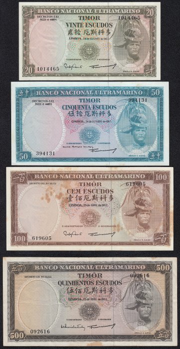 Timor. - 20, 50, 100, 500 Escudos 1963/1967 - Pick 26, 27, 28, 29  (Ei pohjahintaa)