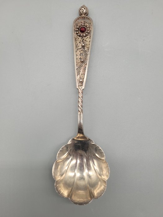 勺子 - 古董银质散勺，由 800 银制成，带有祖母绿装饰 - .800 银